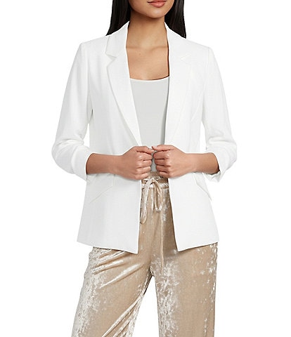 Skies Are Blue Notch Lapel Shirred 3/4 Sleeve Open Front Statement Blazer