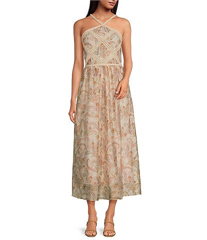 Skies Are Blue Paisley Halter Neck Macrame Embroidered Midi Dress