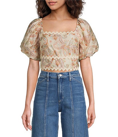 Skies Are Blue Paisley Print Square Neck Short Puff Sleeve Crop Top