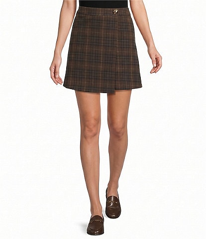 Skies Are Blue Petite Size Plaid Patterned A-Line Wrap Mini Skirt