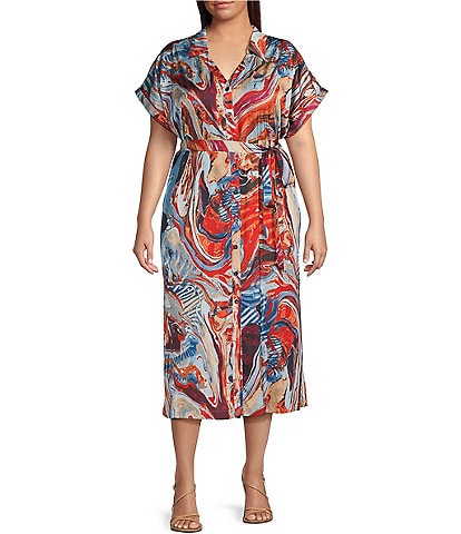 Skies Are Blue Plus Abstract Printed Short Sleeve Shirtdress
