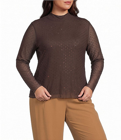 Skies Are Blue Plus Size Embellished Mock Neck Long Sleeve Mesh Top