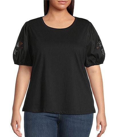 Skies Are Blue Plus Size Knit Puff Sleeve Embroidered Top