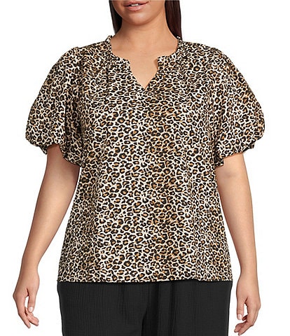 Skies Are Blue Plus Leopard Print Poplin Puff Sleeve Top