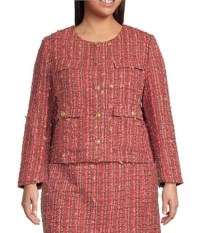 Skies Are Blue Plus Size Round Neck Long Sleeve Coordinating Tweed Blazer