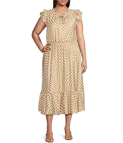 Skies Are Blue Plus Size Ruffle Checkerboard Midi Dress