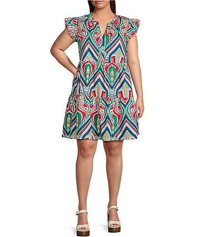 Skies Are Blue Plus Size Abstract Print Tiered Baby Doll Dress