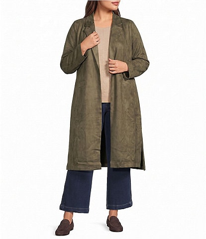 Skies Are Blue Plus Size Collared Long Sleeve Faux Suede Duster Jacket