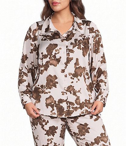 Skies Are Blue Plus Size Cow Print Satin Collared Long Sleeve Button-Down Coordinating Blouse