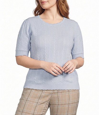 Skies Are Blue Plus Size Crew Neck Short Sleeve Cable Knit Sweater