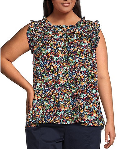Skies Are Blue Plus Size Ditsy Floral Ruffle Sleeveless Top
