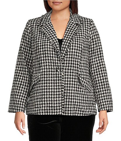 Skies Are Blue Plus Size Houndstooth V-Neck Point Collar Long Sleeve Blazer