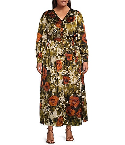 Skies Are Blue Plus Size Long Sleeve Abstract/Floral Printed Long Dress