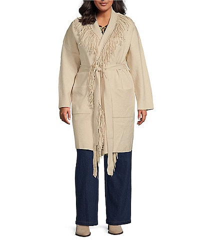 Skies Are Blue Plus Size Long Sleeve Fringe Accented Tie Front Coat