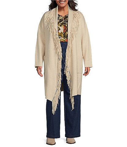 Skies Are Blue Plus Size Long Sleeve Fringe Accented Tie Front Coat