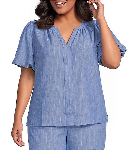 Skies Are Blue Plus Size Lurex Stripe V-Neck Short Bubble Sleeve Coordinating Top