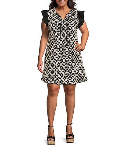Skies Are Blue Plus Size Macrame Embroidered Contrast Sleeve Mini Dress