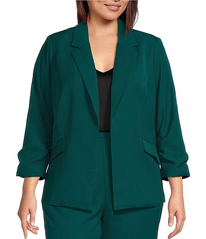 Skies Are Blue Plus Size Notch Lapel Shirred 3/4 Sleeve Open Front Coordinating Statement Blazer