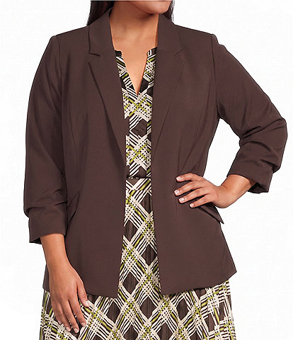 Skies Are Blue Plus Size Notch Lapel Shirred 3/4 Sleeve Open Front Coordinating Statement Blazer