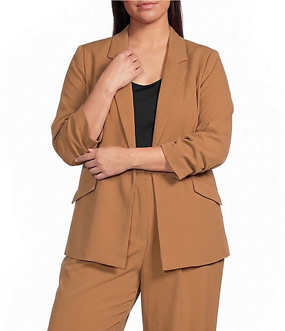 Skies Are Blue Plus Size Notch Lapel Shirred 3/4 Sleeve Open Front Coordinating Statement Blazer