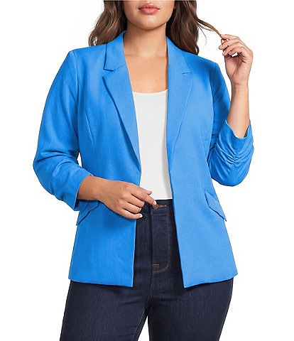 Skies Are Blue Plus Size Notch Lapel Shirred 3/4 Sleeve Open Front Coordinating Statement Blazer