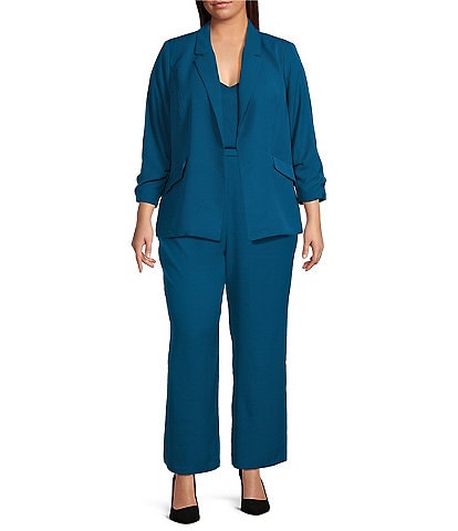 Skies Are Blue Plus Size Notch Lapel Shirred Sleeve Open Front Blazer & Coordinating Straight Leg Pants
