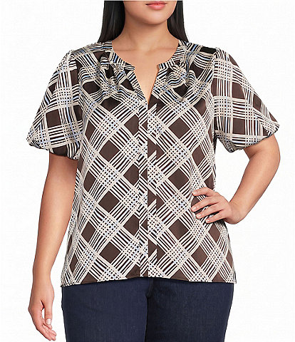 Skies Are Blue Plus Size Plaid Printed V-Neck Short Sleeve Coordinating Top