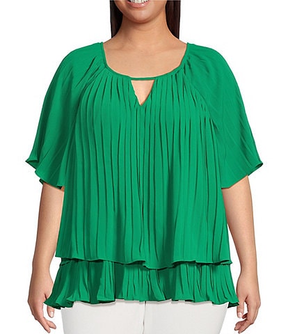 Skies Are Blue Plus Size Pleated Tiered Short Sleeve Blouse