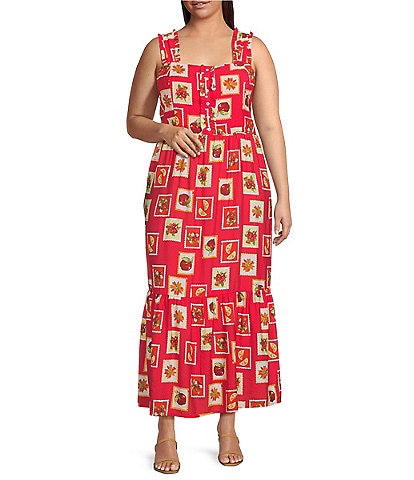 Skies Are Blue Plus Size Post Card Print Midi Dress