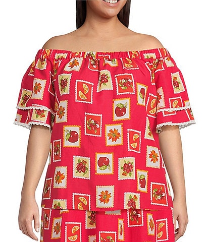 Skies Are Blue Plus Size Postcard Print Off-The-Shoulder Blouse