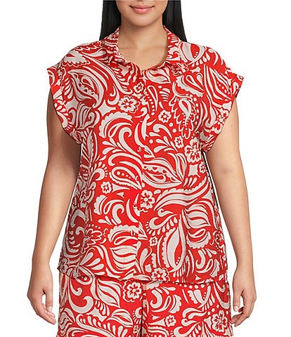 Skies Are Blue Plus Size Printed Collared V-Neck Cap Sleeve Coordinating Button Front Top
