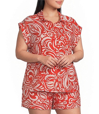 Skies Are Blue Plus Size Printed Collared V-Neck Cap Sleeve Coordinating Button Front Top