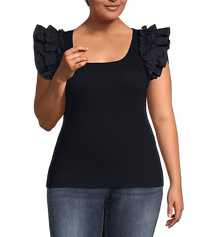Skies Are Blue Plus Size Ribbed Scoop Neck Short Ruffle Sleeve Top