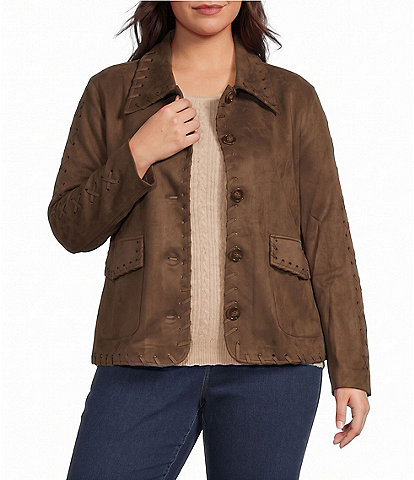 Skies Are Blue Plus Size Saddle Stitch Faux Suede Collared Long Sleeve Button Front Jacket