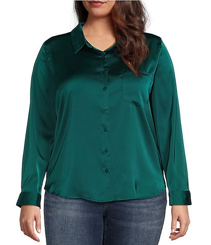 Skies Are Blue Plus Size Satin Point Collar Long Sleeve Button Front Pocket Shirt