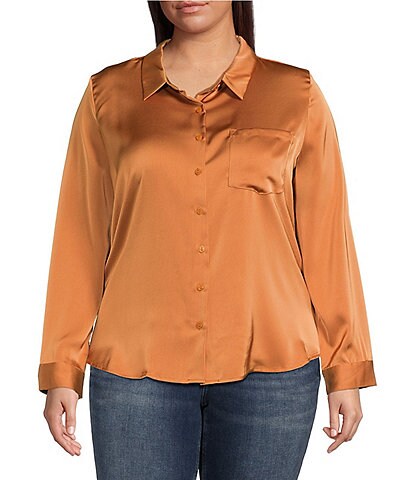 Skies Are Blue Plus Size Satin Point Collar Long Sleeve Button Front Pocket Shirt