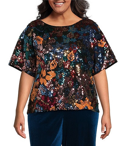 Skies Are Blue Plus Size Short Sleeve Sequin-Embellished Floral-Patterned Woven Top