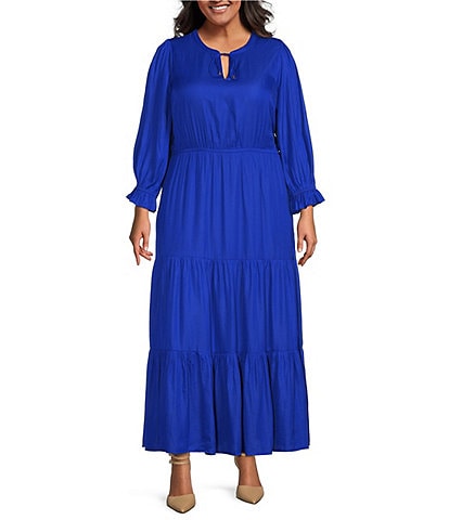 Skies Are Blue Plus Size Solid Woven Long Ruffle Sleeve Front Tie Tiered Dress