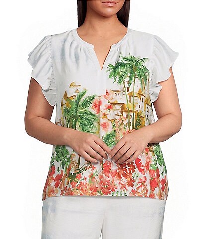 Skies Are Blue Plus Size Tropical Placement Printed Split V Neck Ruffle Sleeve Coordinating Top