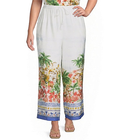 Skies Are Blue Plus Size Tropical Placement Printed Wide Leg High Ride Coordinating Pants