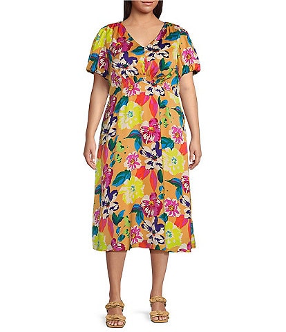 Skies Are Blue Plus Size Woven Floral Print Short Sleeve V-Neck Maxi Dress