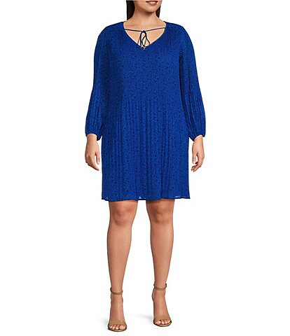 Skies Are Blue Plus Size Woven Printed Micro Pleated Long Sleeve Dress