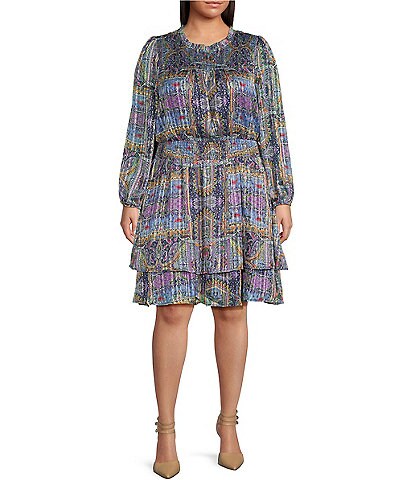 Skies Are Blue Plus Size Woven Printed Smocked Crew Neck Long Sleeve Dress