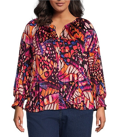 Skies Are Blue Plus Split V-Neck Long Sleeve Butterfly Printed Pleated Woven Top