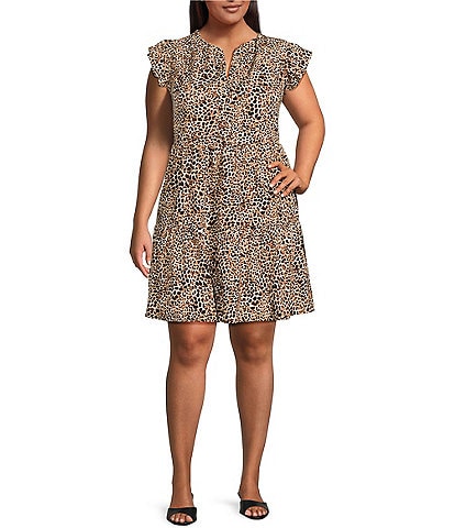 Skies Are Blue Plus Tiered Leopard Print Mini Shift Dress