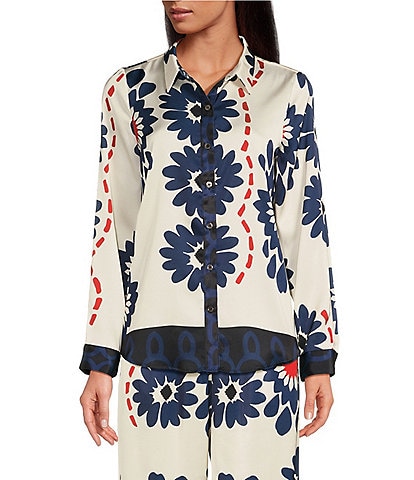 Skies Are Blue Printed Collar Neck Button Down Coordinating Long Sleeve Top