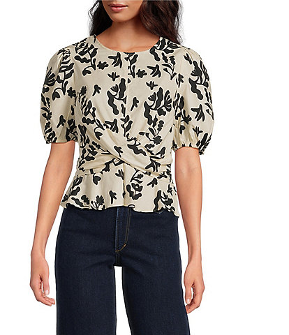 Skies Are Blue Printed Cotton Poplin Crew Neck Short Sleeve Criss Cross Front Top