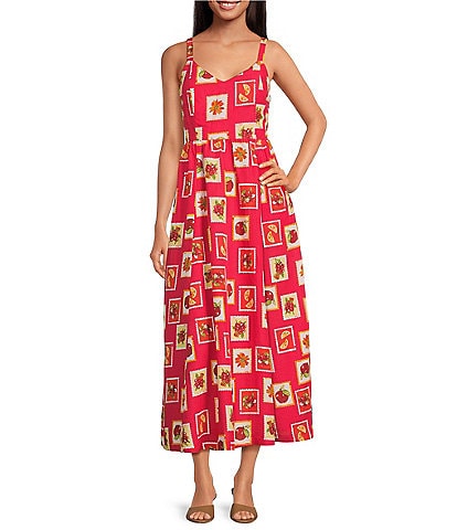 Skies Are Blue Printed Linen Blend V-Neck Back Smocked Maxi Dress