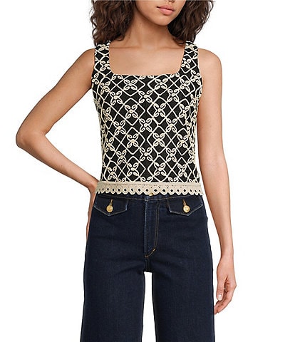 Skies Are Blue Printed Square Neck Sleeveless Crochet Trim Top