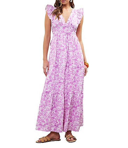 Skies Are Blue Printed V-Neck Flutter Sleeve Tiered Maxi Dress